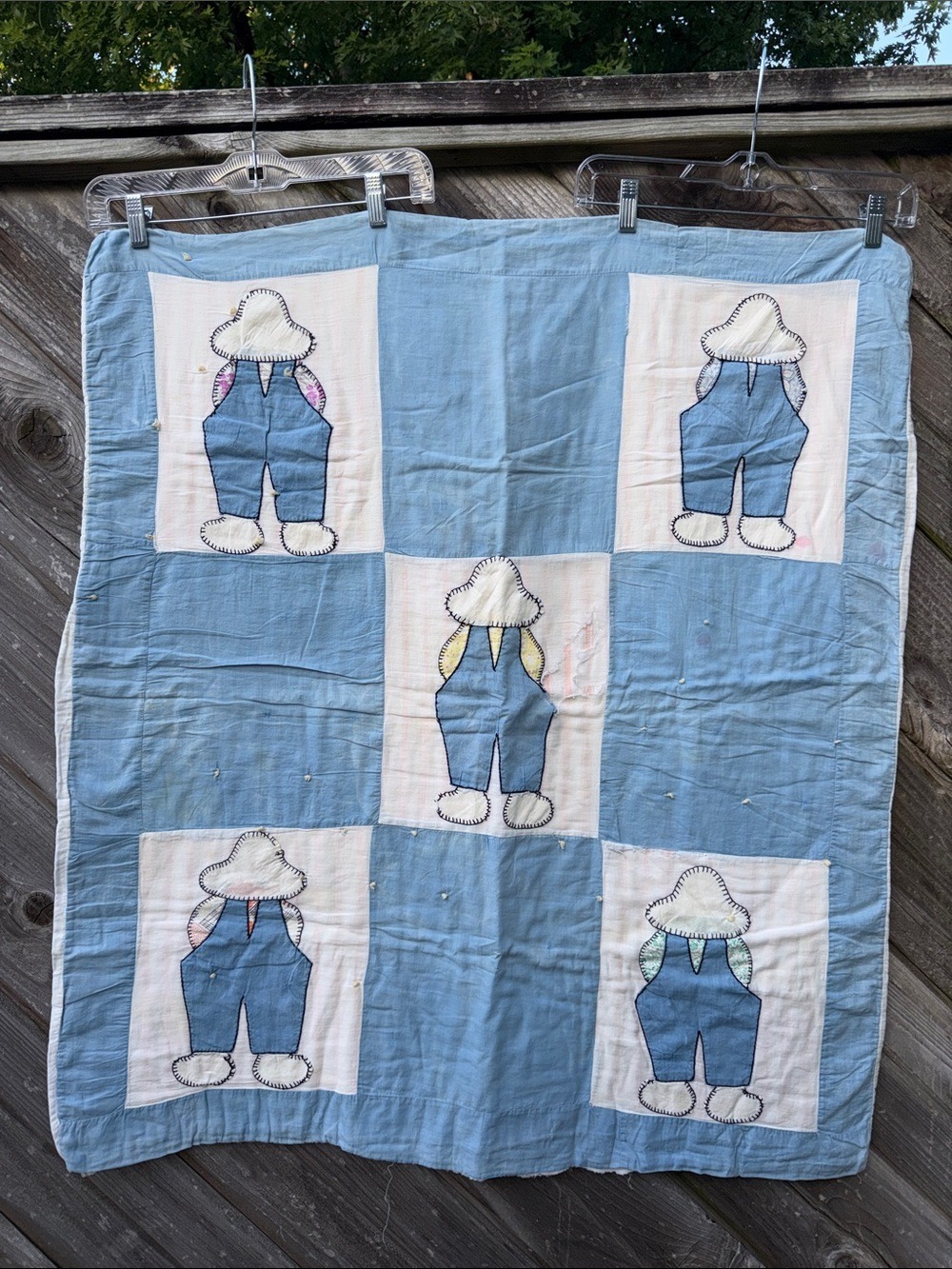 Vintage Handmade Baby Quilt Crib Blanket Blue Overalls cottagecore granny